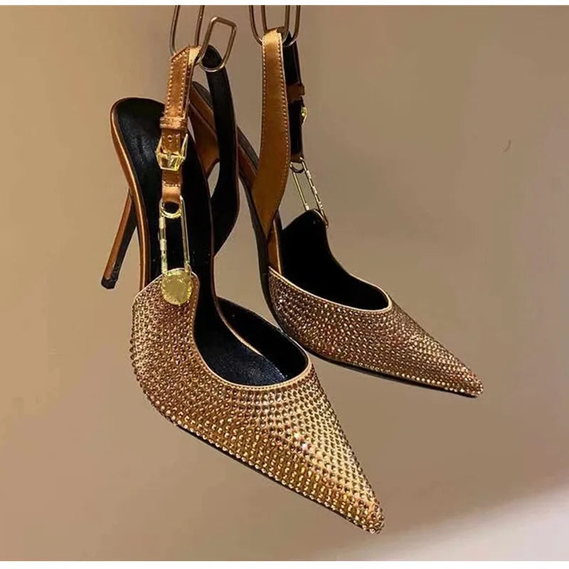 Sequined Slingback Pumps with Rhinestone Buckle for Women featuring Slim 9.6 cm Heel