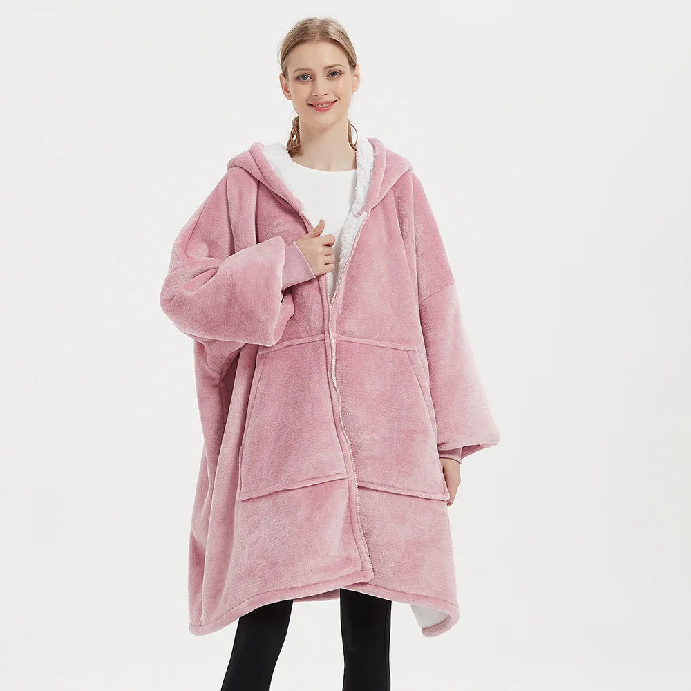 Unisex Ultra Thick Lamb Velvet Pajamas With Hooded Blanket And Zipper For Winter Sleepwear