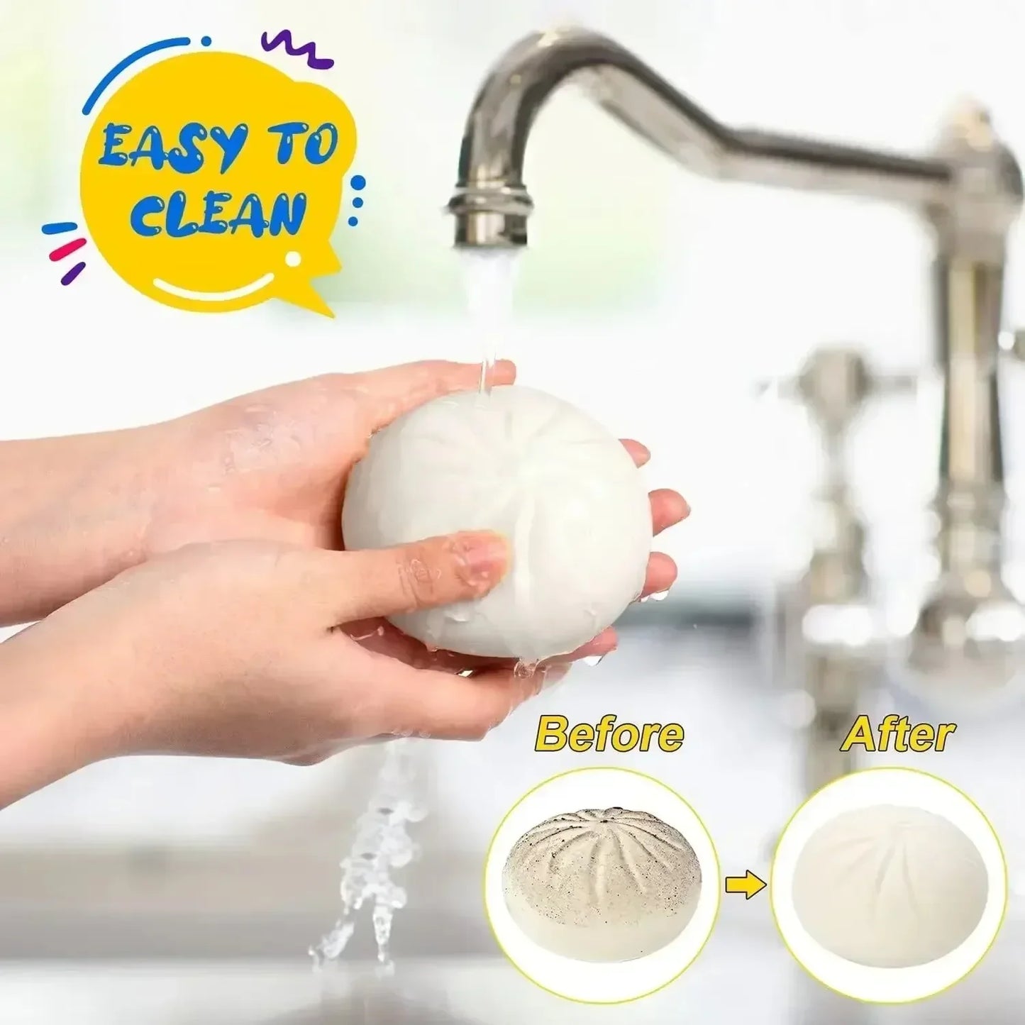 White soft silicone dumpling and steamed bun squishy fidget toy being washed under a kitchen faucet.