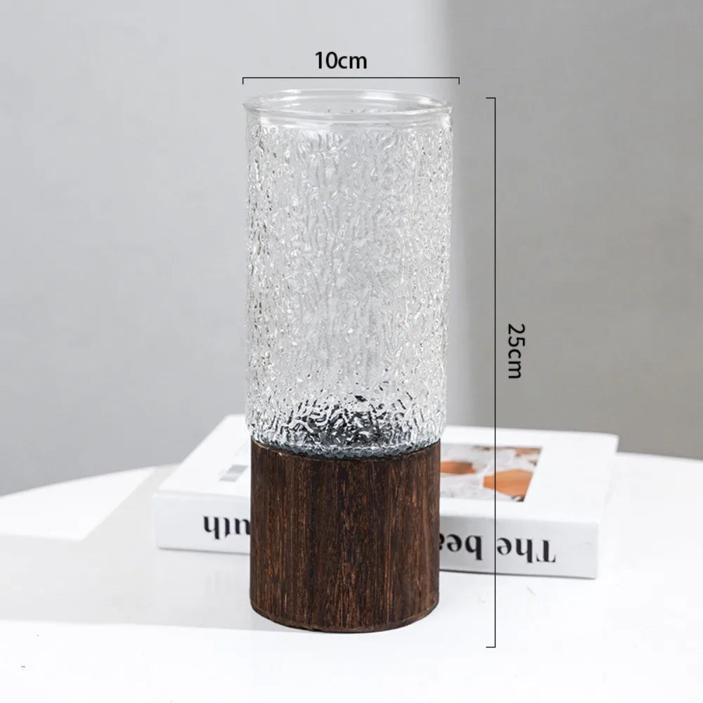 Crystal Glass Vase With Solid Wood Base In Modern Style With Slim Profile For Centerpiece Display