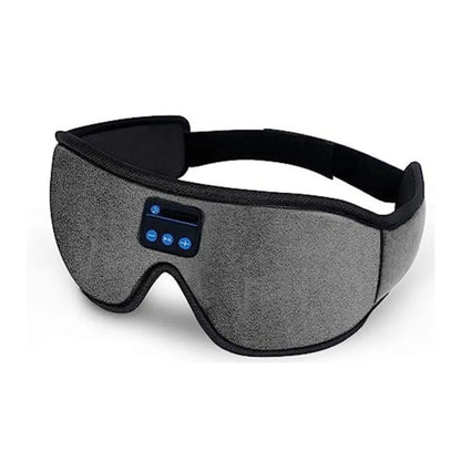 Grey fleece Bluetooth sleep eye mask with molded 3D contours and a front control panel.