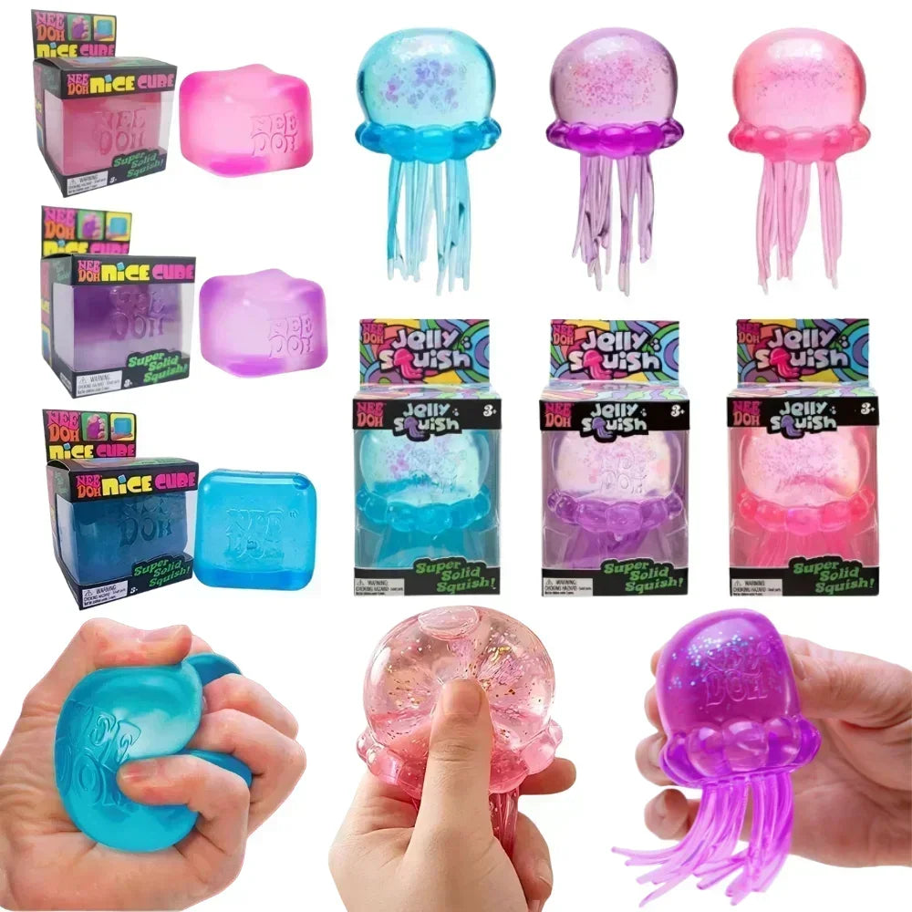 NeeDoh Jellyfish and Cube Squish Toy Made of Plastic for Stress Relief