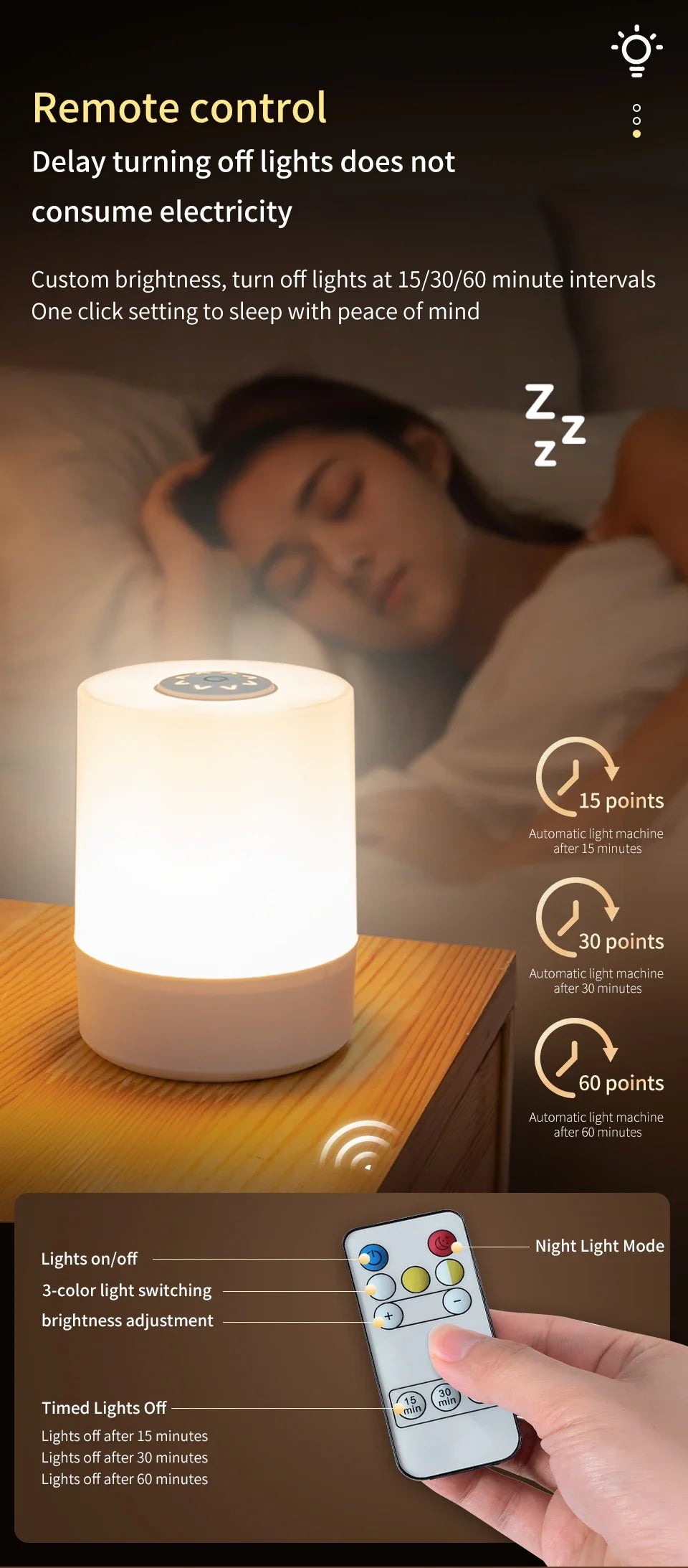 Touch bedside lamp with remote control and three light modes