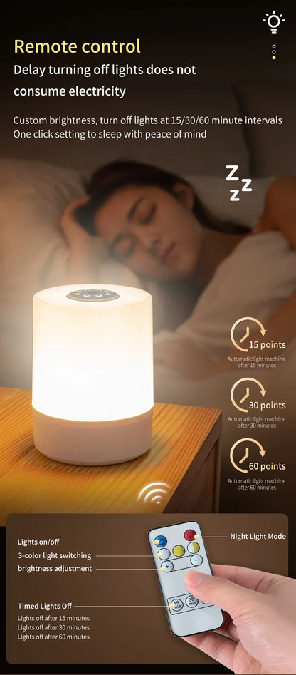 Touch bedside lamp with remote control and three light modes