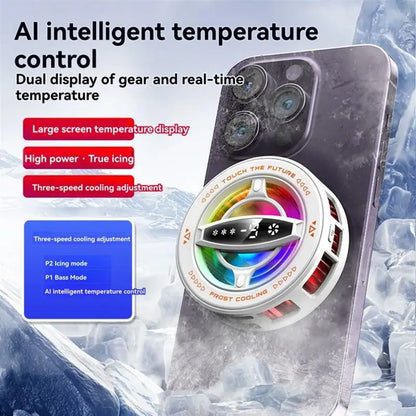 White magnetic phone cooling fan with RGB LED and digital display for mobile gaming and streaming.