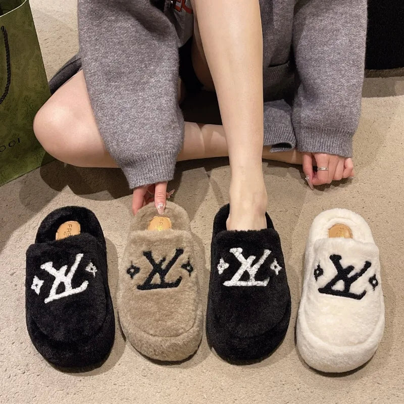 Warm Slippers for Women Indoor Non Slip Plush Traction Rubber Sole With Wedge Heel