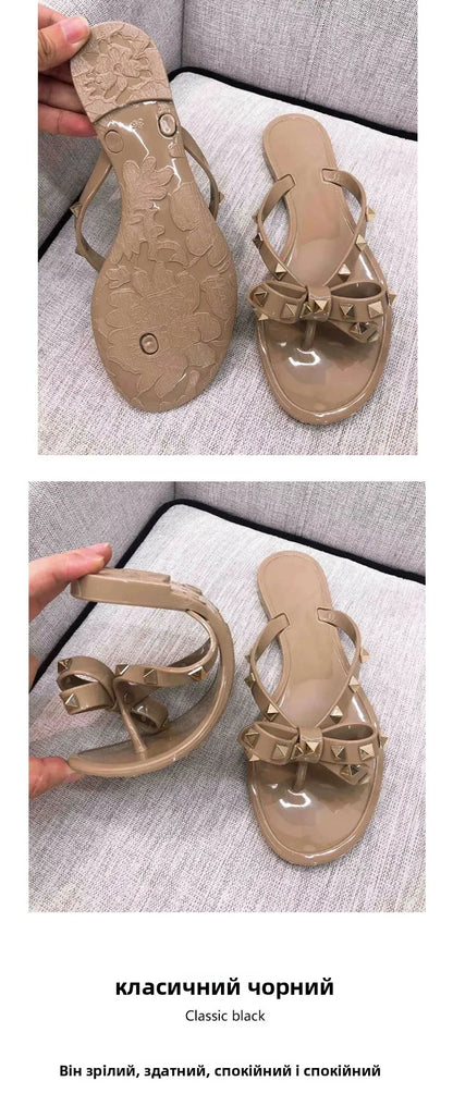 Studded Flat Bot Thong Slippers Holiday Beach Sandals Women's Jelly Slip-On oes Comfortable Casual PVC Footwear