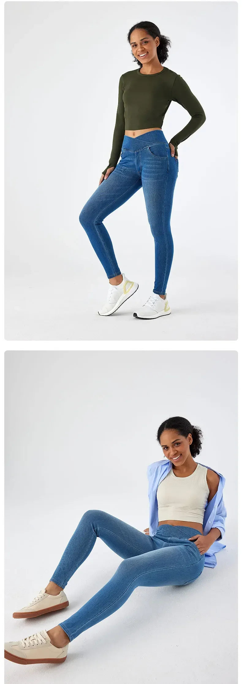 Cross Waist Yoga Jeans High Waist Skinny Ankle Length With Pockets