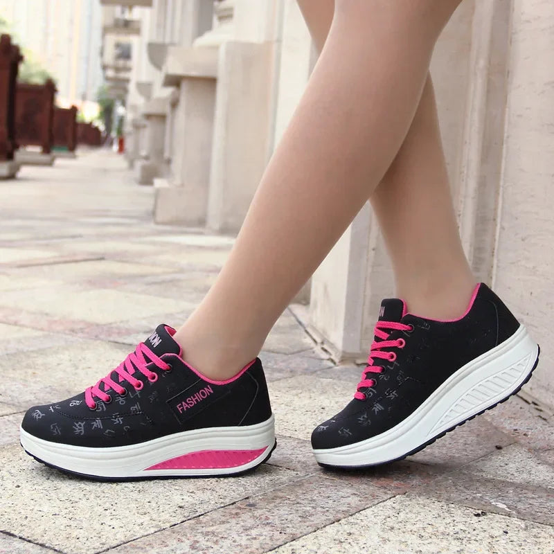 Women's lace-up wedge platform sneakers with rocker sole