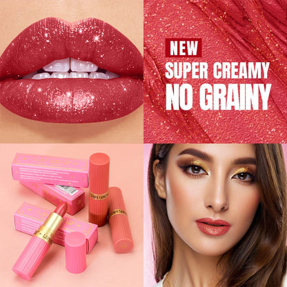 Pearlescent Pink Glitter Velvet Lipstick Metallic Waterproof Long Lasting Matte Shimmer Diamond Lipstick Women Makeup Cosmetic