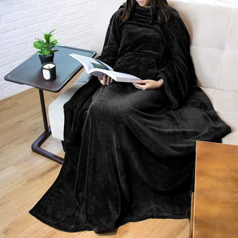 Adult wearable blanket with sleeves and a large pocket