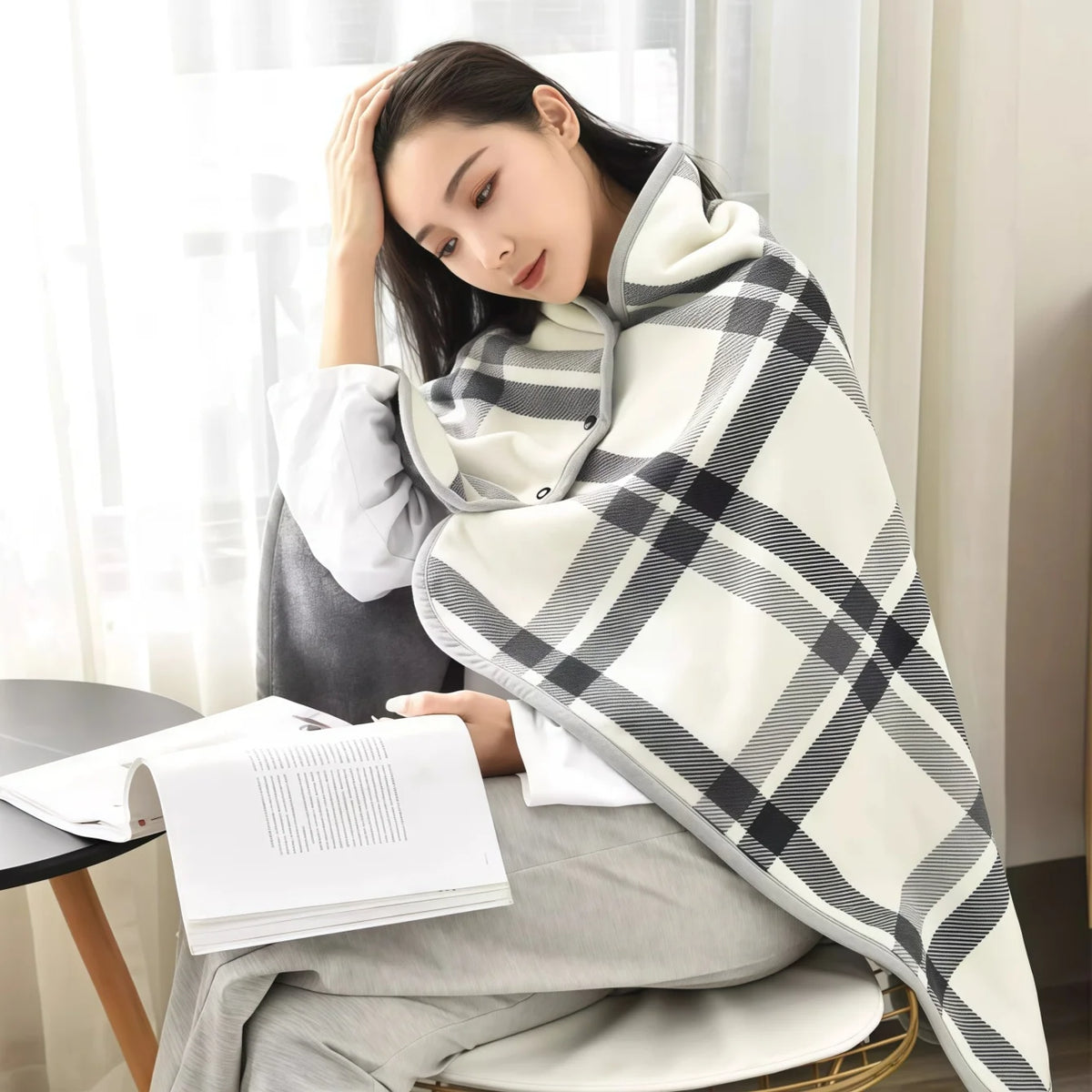 Plaid fleece wearable blanket poncho with button front