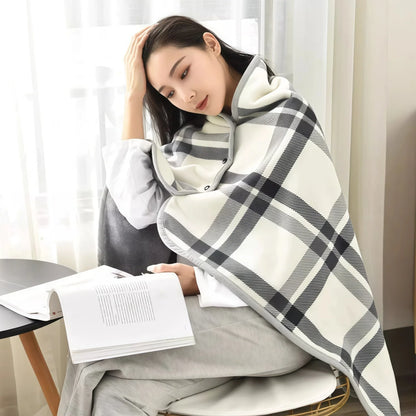 Plaid fleece wearable blanket poncho with button front