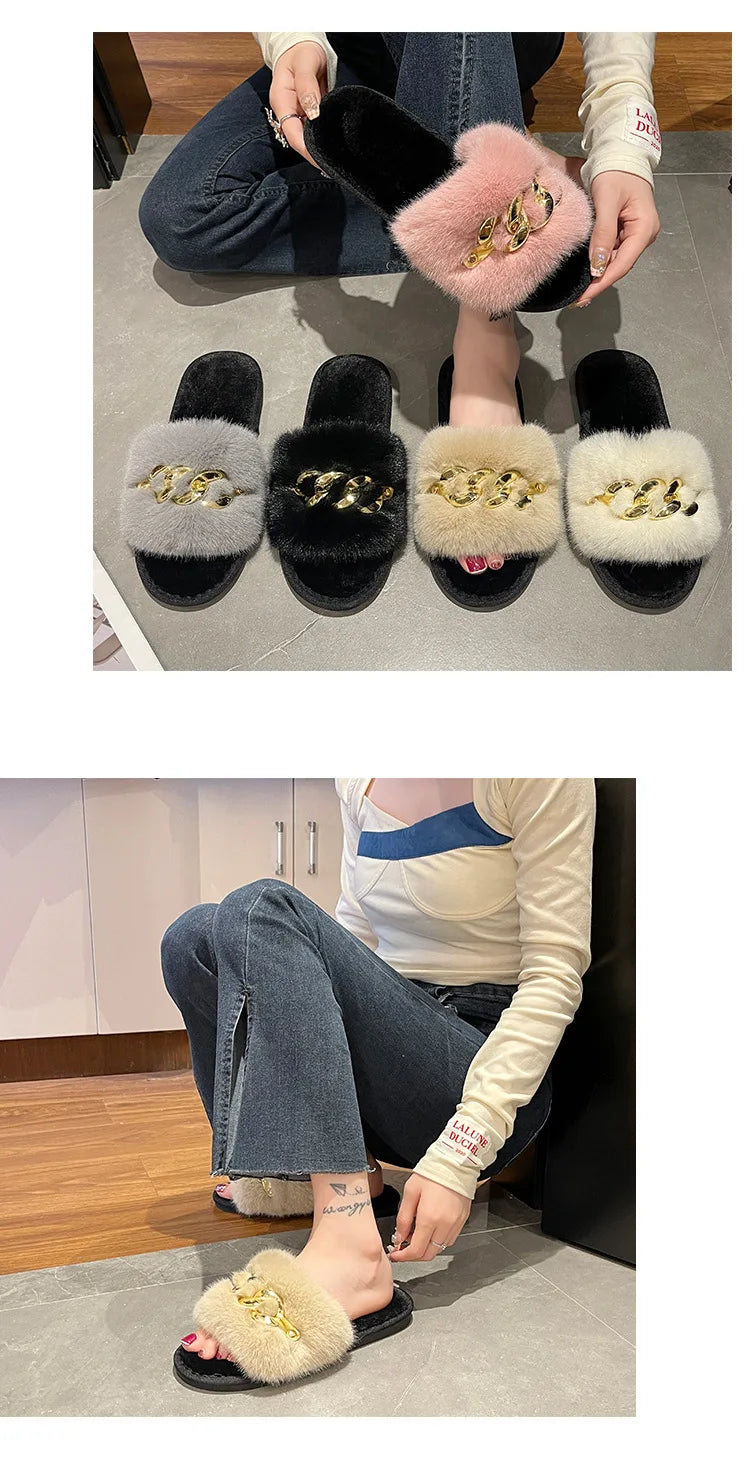 Plush Slippers for Women with Chain Detail and Cushioned Sole