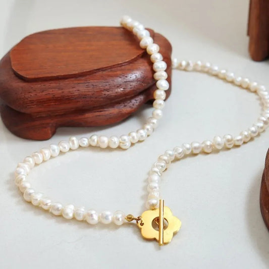 Natural Freshwater Pearl Bead Necklace Bracelet For Women Stainless Steel Gold Plated OT Buckle Women's Necklaces Bracelets Sets