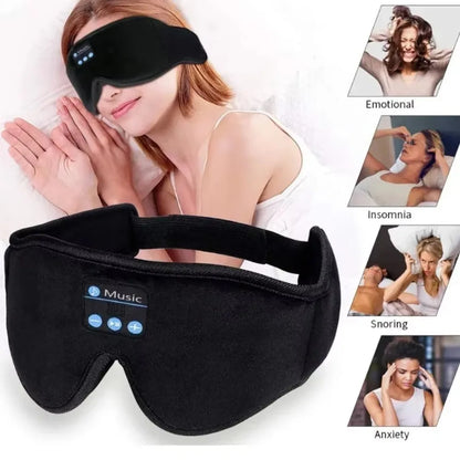 Black soft fleece Bluetooth 3D sleep eye mask with built-in speakers and control panel.