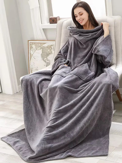 Adult wearable blanket with sleeves and a large pocket
