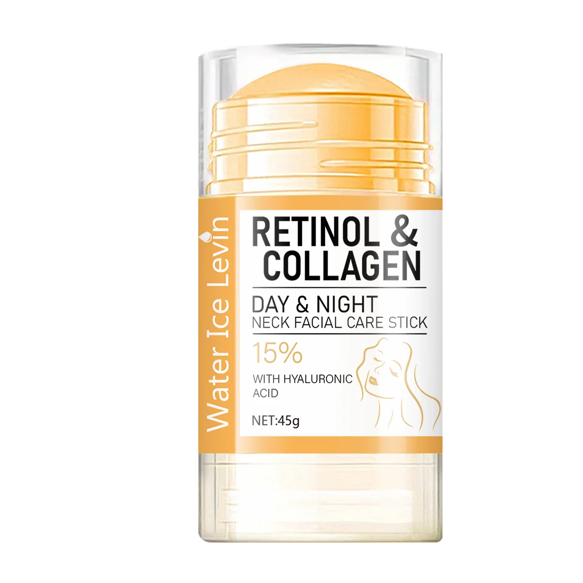 Yellow Retinol & Collagen day and night face and neck care stick with a clear cap.