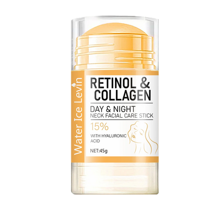 Yellow Retinol & Collagen day and night face and neck care stick with a clear cap.
