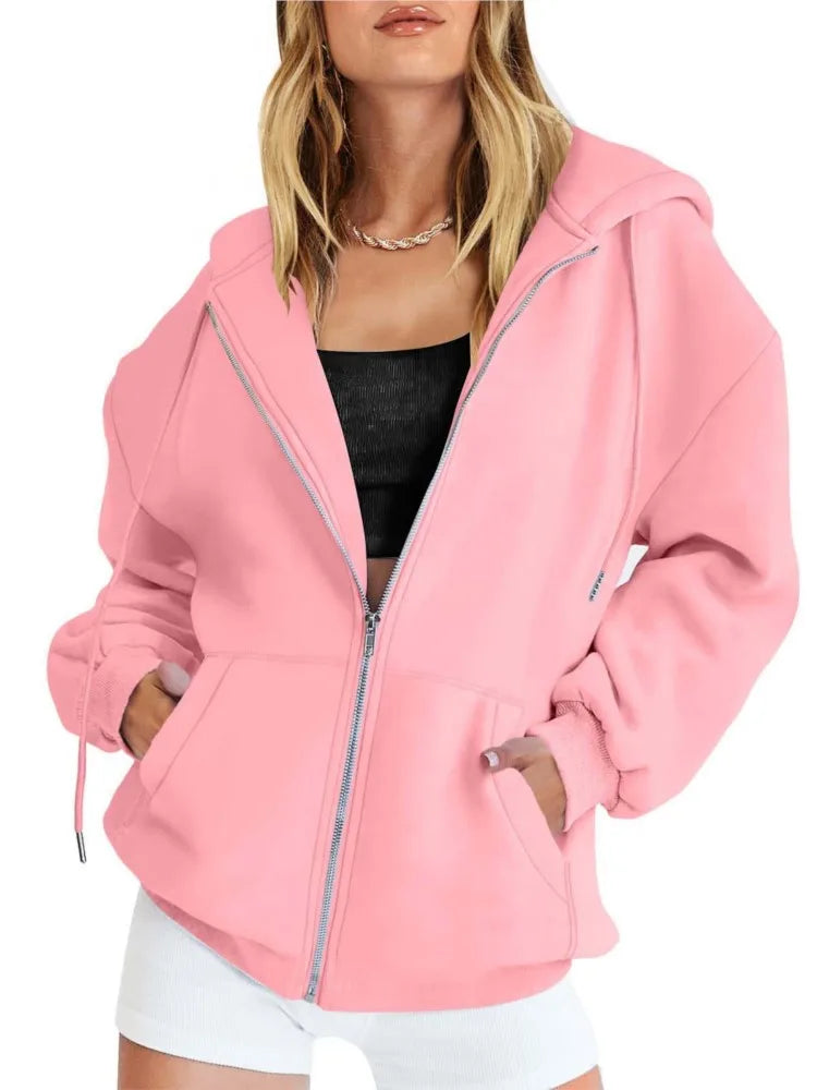 Women's Cotton Blend Hooded Sweatshirt With Zipper And Drawstring Pocket Long Sleeve