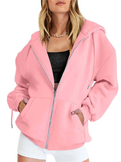 Women's Cotton Blend Hooded Sweatshirt With Zipper And Drawstring Pocket Long Sleeve