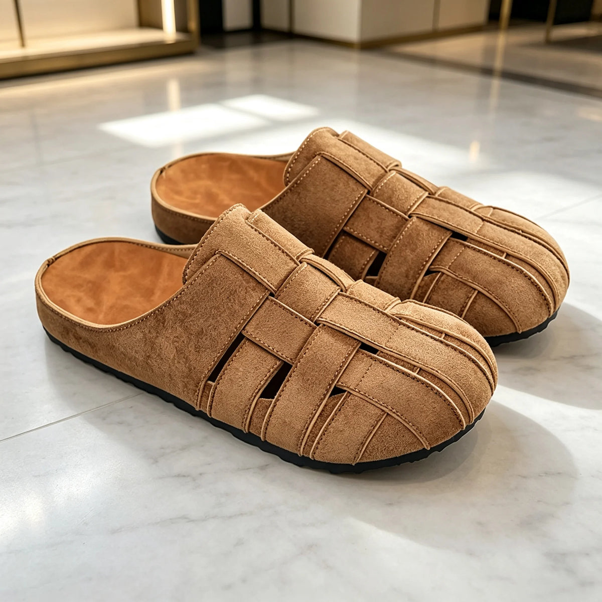 Men's woven closed-toe mule slippers with padded insole