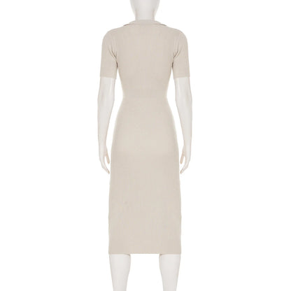 Lightweight Maxi Dress with Hollow Out Knit Polo Neck and Button Front
