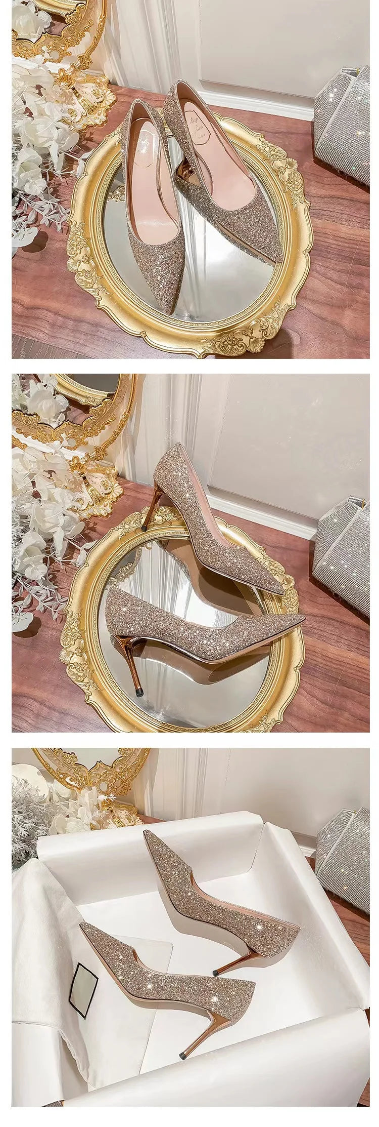Gold glittery pointed-toe slim heel dress shoes for weddings.