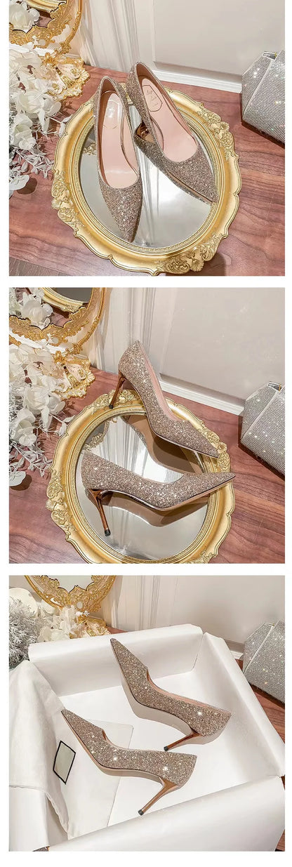 Gold glittery pointed-toe slim heel dress shoes for weddings.