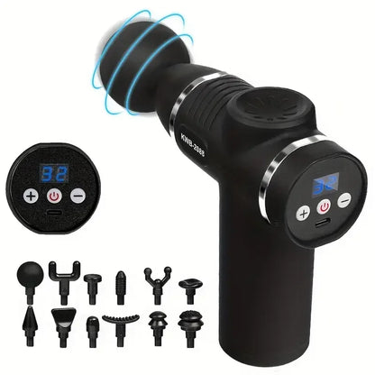 Percussion massage gun with 12 interchangeable heads