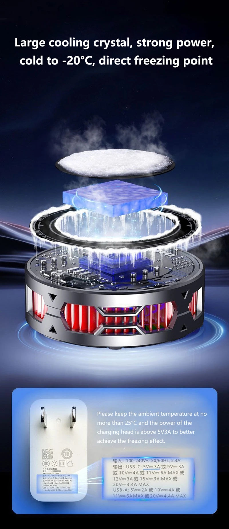 Black circular magnetic back clip phone cooler with digital temperature display for gaming.