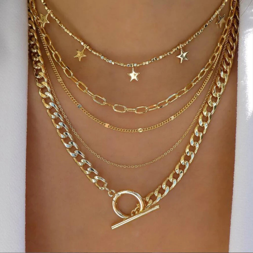 Necklace layered crystal pendant set with star charms and rhinestones
