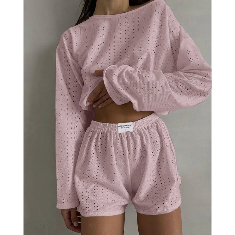Soft Two-Piece Pajama Set with Long Sleeve Top and Shorts for Women