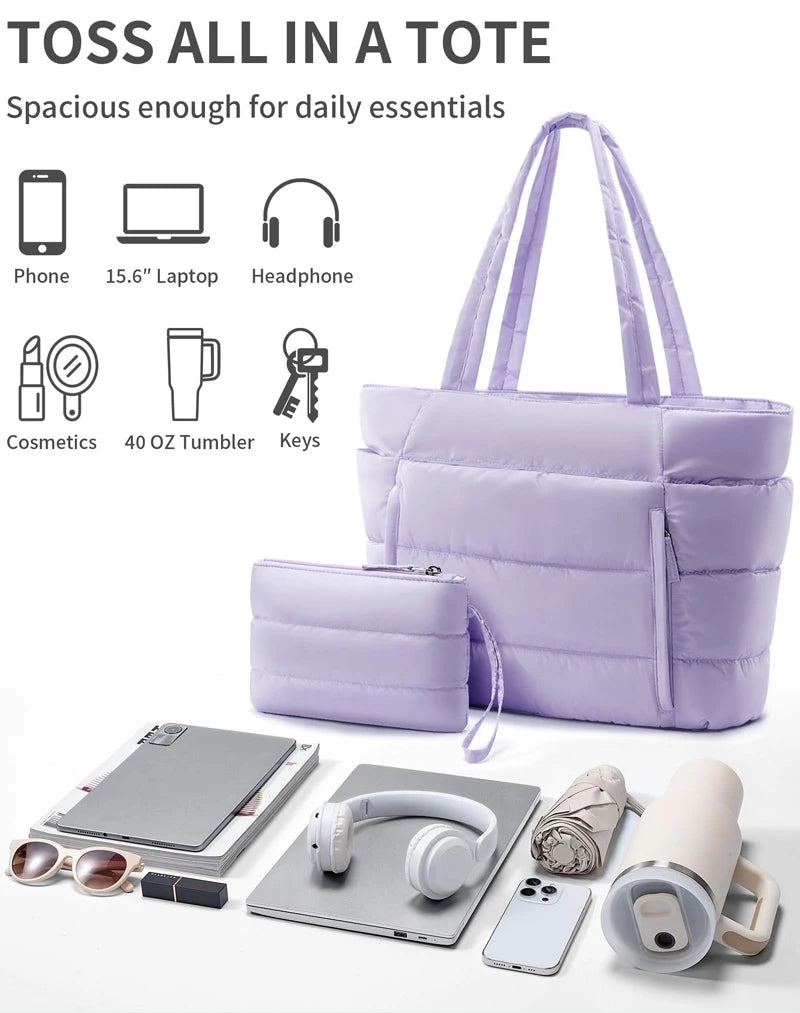 Light purple puffy polyester crossbody tote with zip closure and matching pouch, organized for travel and work essentials.