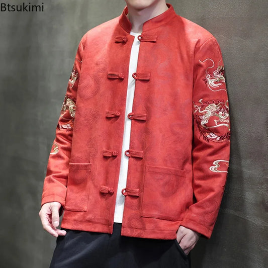 Red woven tang suit jacket with dragon embroidery, stand collar, and knotted buttons for traditional cultural occasions.