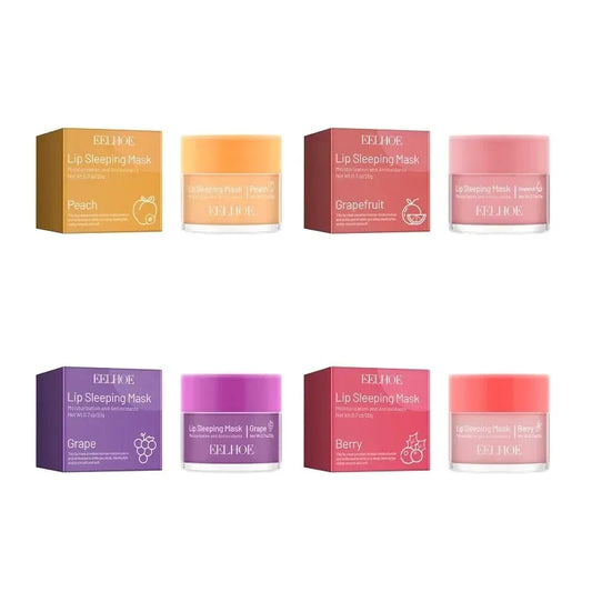 Four colorful lip sleeping mask jars with matching boxes in peach, grapefruit, grape, and berry flavors.