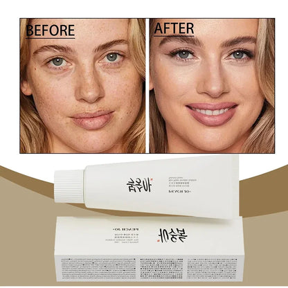 White tube and box of SPF50+ rice extract moisturizing cream with black text, shown with a before-and-after model.