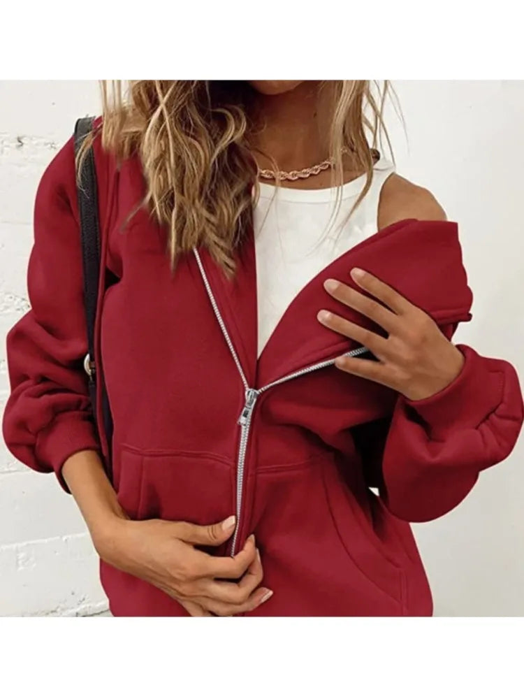 Women's Cotton Blend Hooded Sweatshirt With Zipper And Drawstring Pocket Long Sleeve