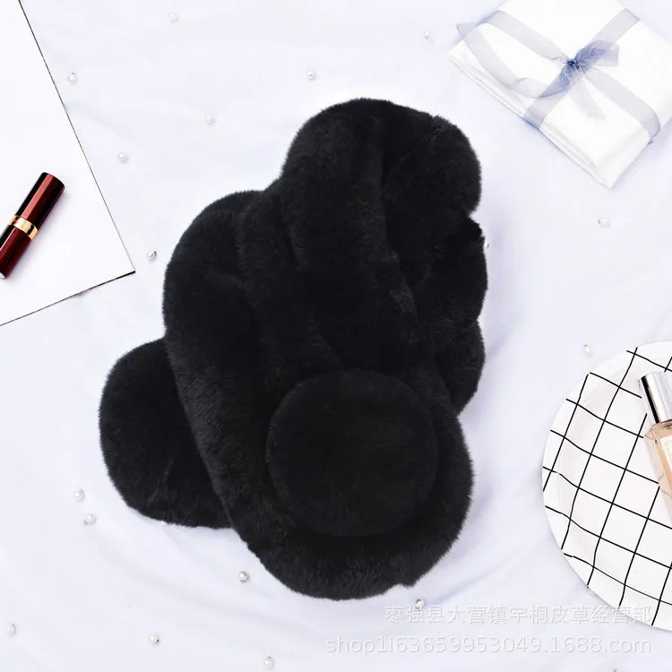 Black rabbit fur short scarf, triple tube design with a fluffy pom-pom detail.
