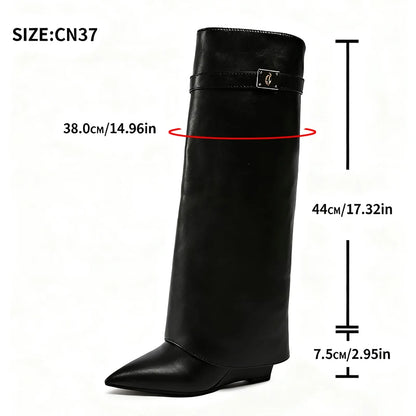 Designer Women's Long Boots - Wide Calf Shark Boots with Wedge Heel Knee High