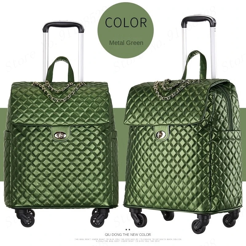 Metal green quilted PU rolling suitcase with flap, twist-lock, gold chain detail, and telescoping handle.