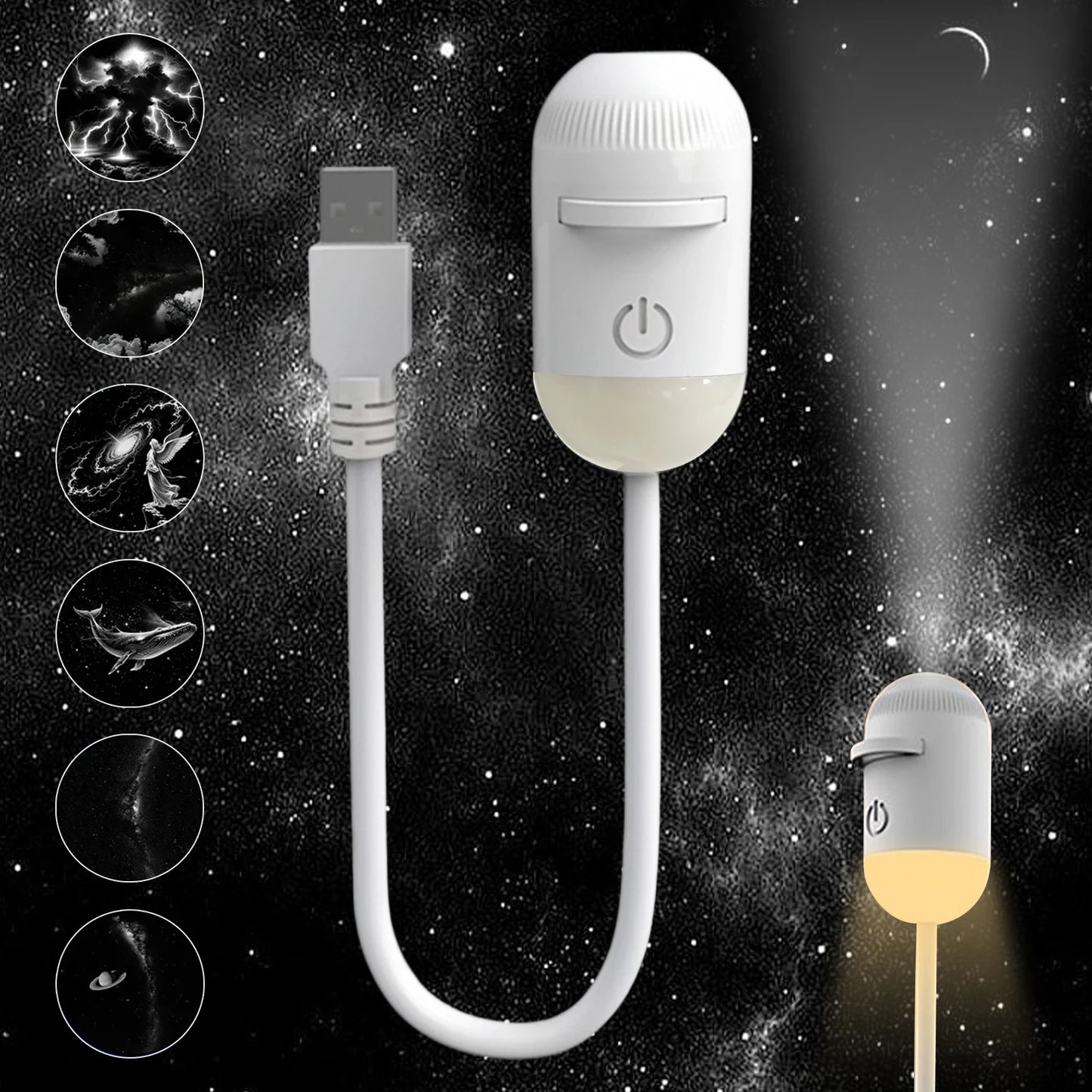 White, portable LED star projector with USB plug for bedroom ceiling nebula effects.