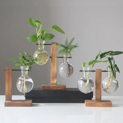 Glass Bulb Vase on Wooden Stand for Desk Decor and Office Display