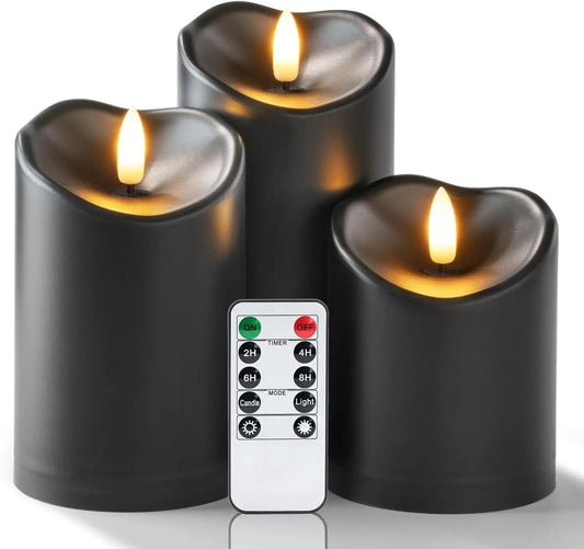 Black Flameless LED Paraffin 3D Wick Pillar Candle Remote Timer