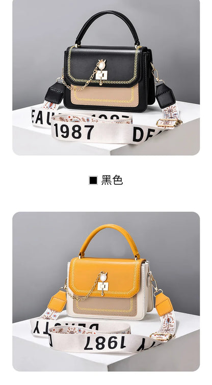 Black and yellow faux leather handbags with a top handle, charm, and wide white branded crossbody strap.