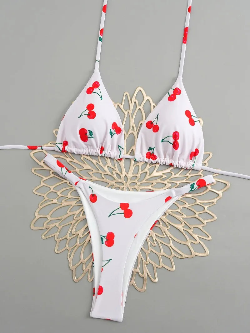 Women's Triangle Lace-Up Bikini Set with Adjustable Straps and Thong Bottom