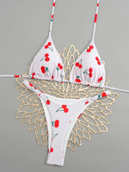 Women's Triangle Lace-Up Bikini Set with Adjustable Straps and Thong Bottom