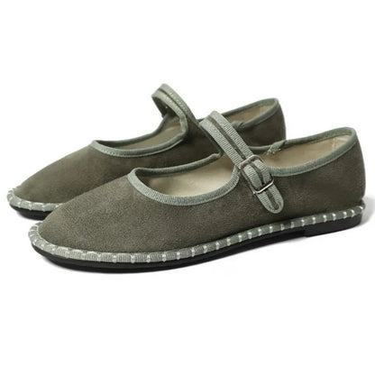Women's floral-lined Mary Jane flats with buckle strap