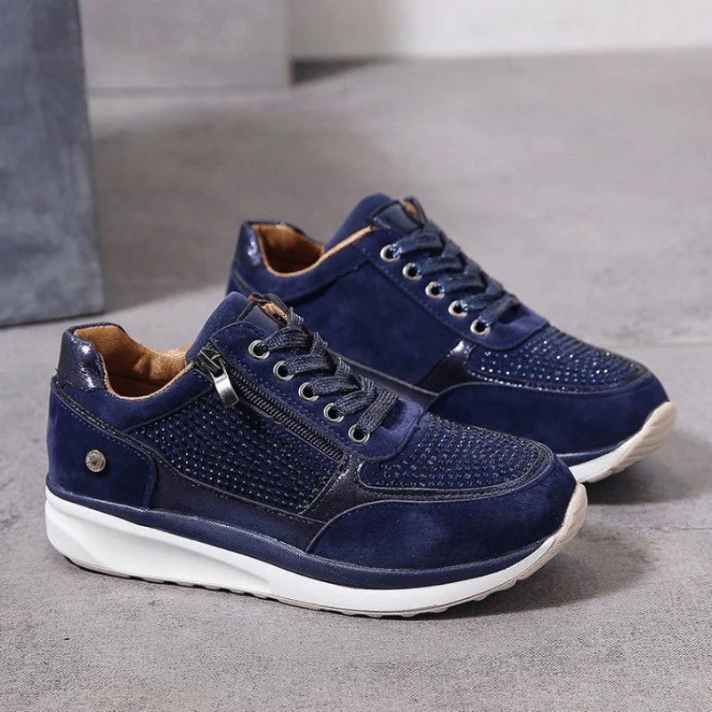 Navy blue suede wedge sneakers with side zippers and sparkly rhinestones, casual shoes for comfortable daily wear.