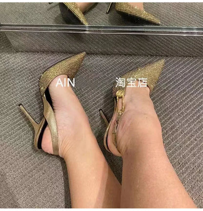 Sequined Slingback Pumps with Rhinestone Buckle for Women featuring Slim 9.6 cm Heel